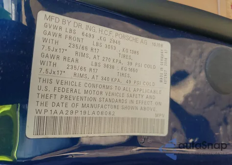 2009 Porsche Cayenne z USA, uszkodzony, nr VIN WP1AA29P19LA08082